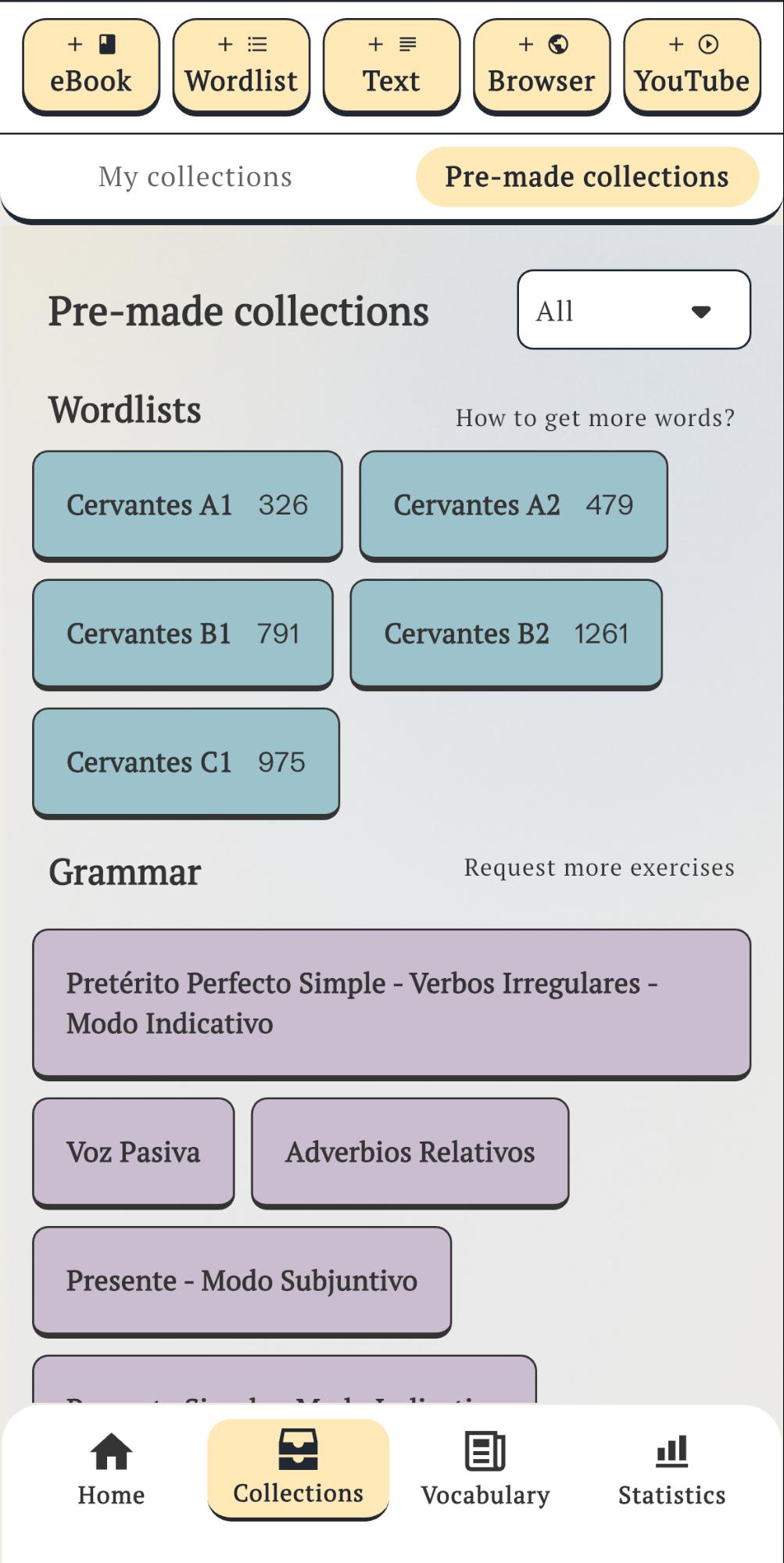 Vocabuo app showing pre-made Spanish language exam wordlists