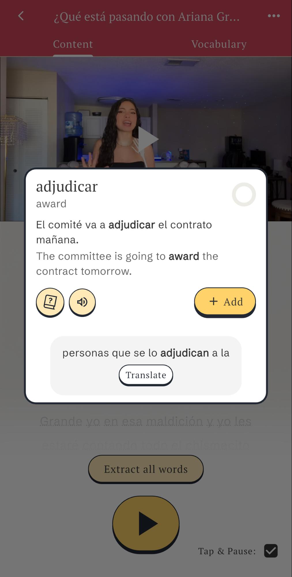 Vocabuo AI feature explaining a Spanish word from a YouTube video