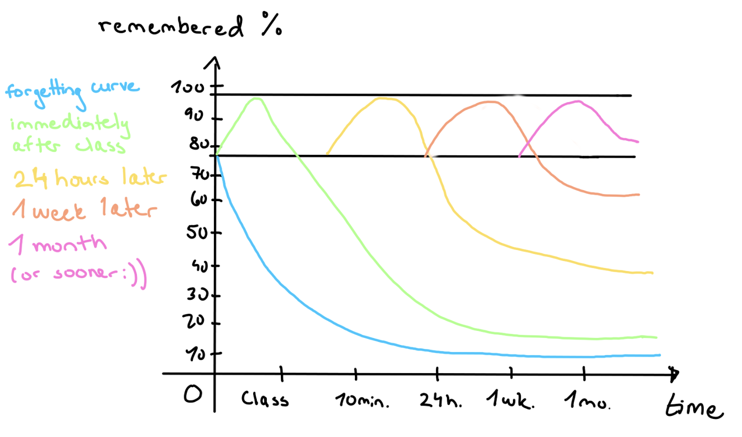 Forgetting curve graph showing how spaced repetition flattens memory loss