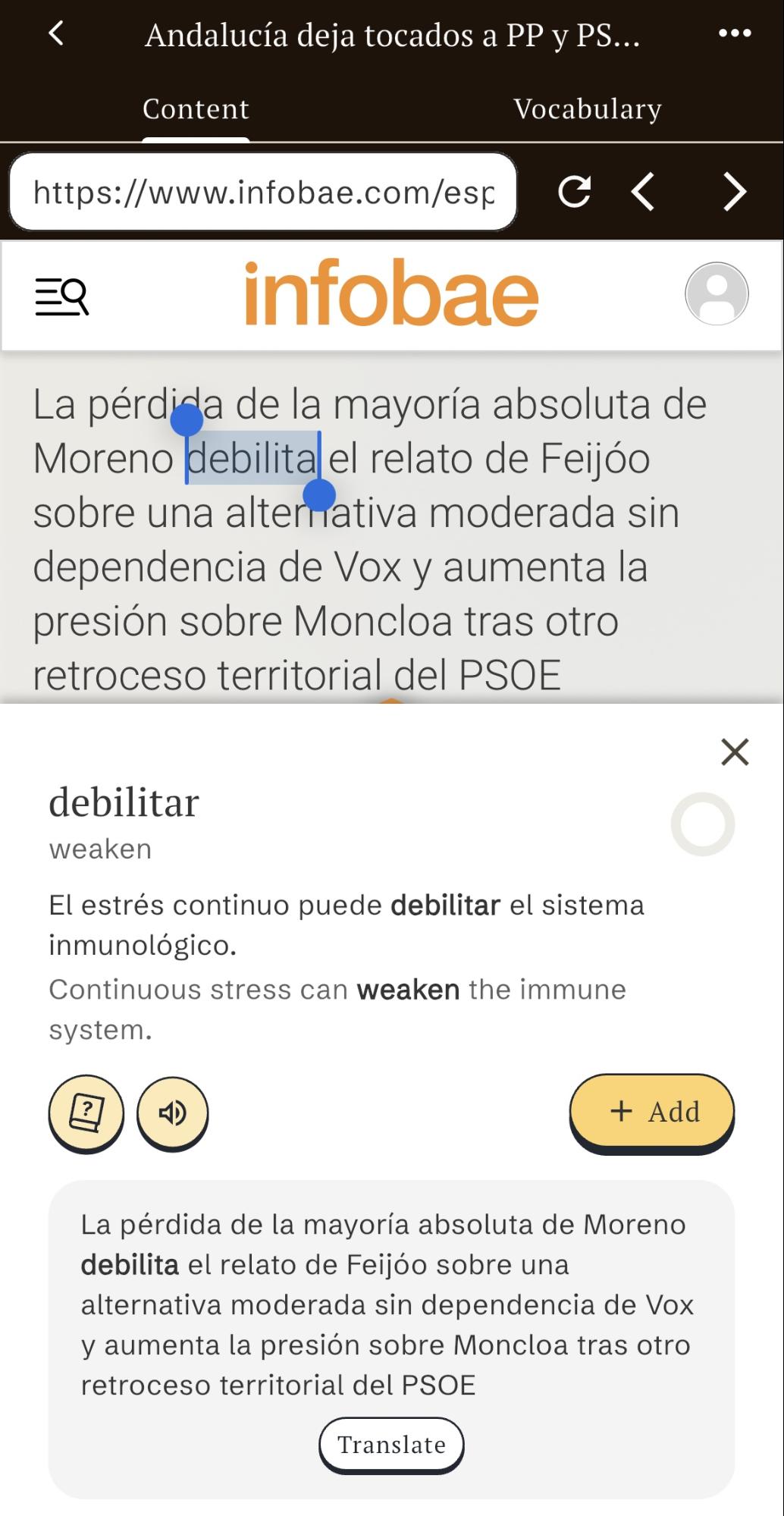 Vocabuo translation and explanation from a selected Spanish article