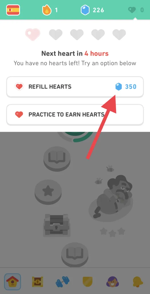 Duolingo app showing no hearts left