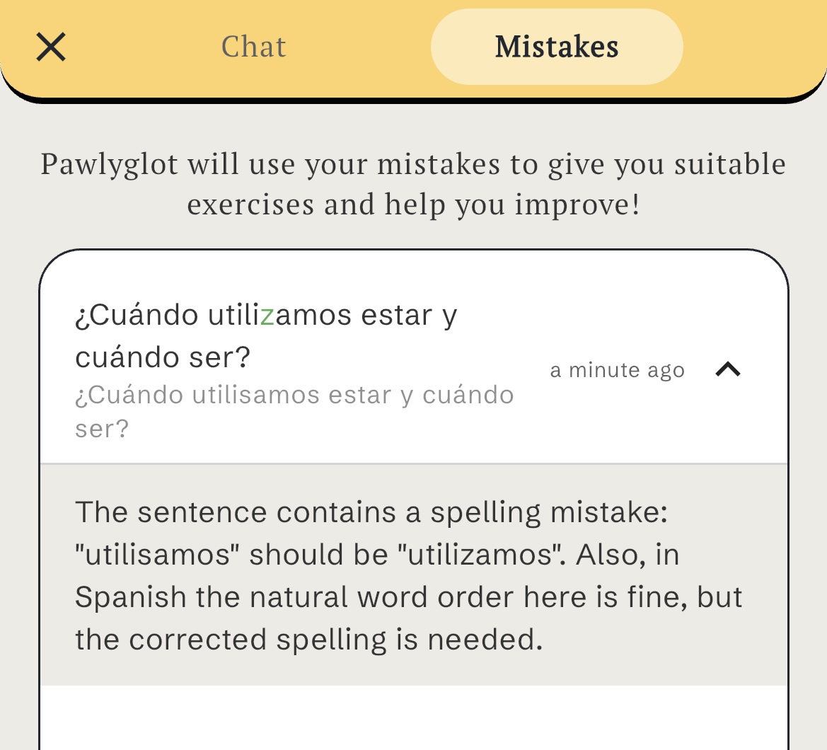 Vocabuo explaining a user mistake in Spanish