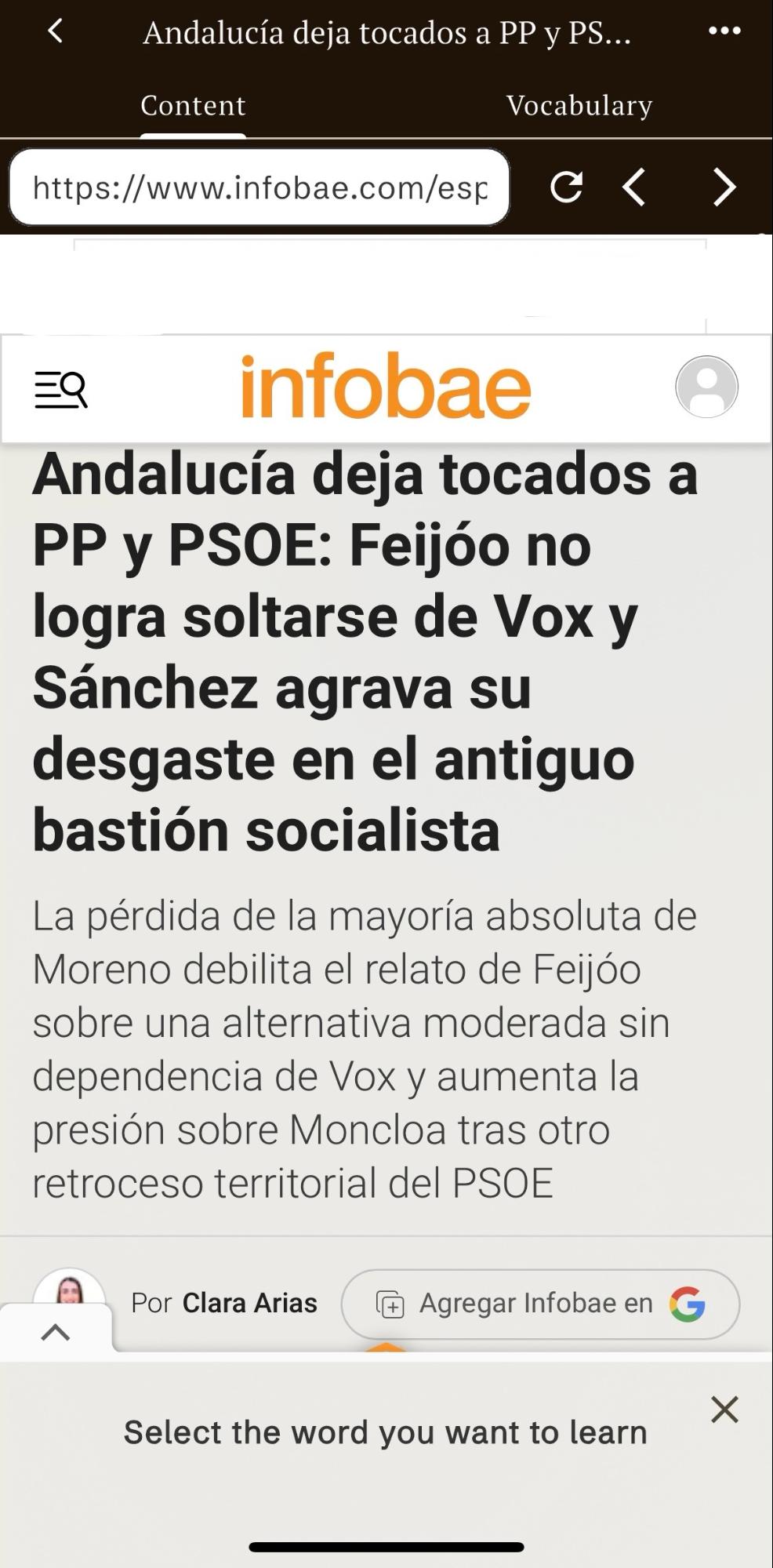Vocabuo web reader showing a Spanish article