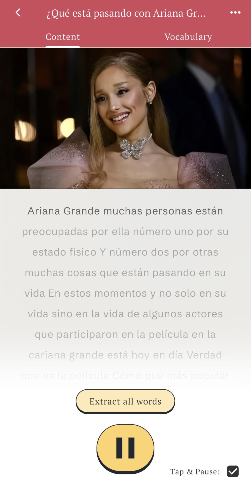 Vocabuo YouTube player showing Spanish vocabulary subtitles